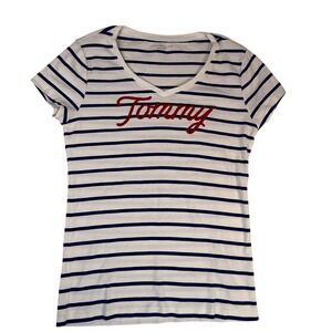 Tommy Hilfiger Women's L Striped Logo Tee White Blue Red